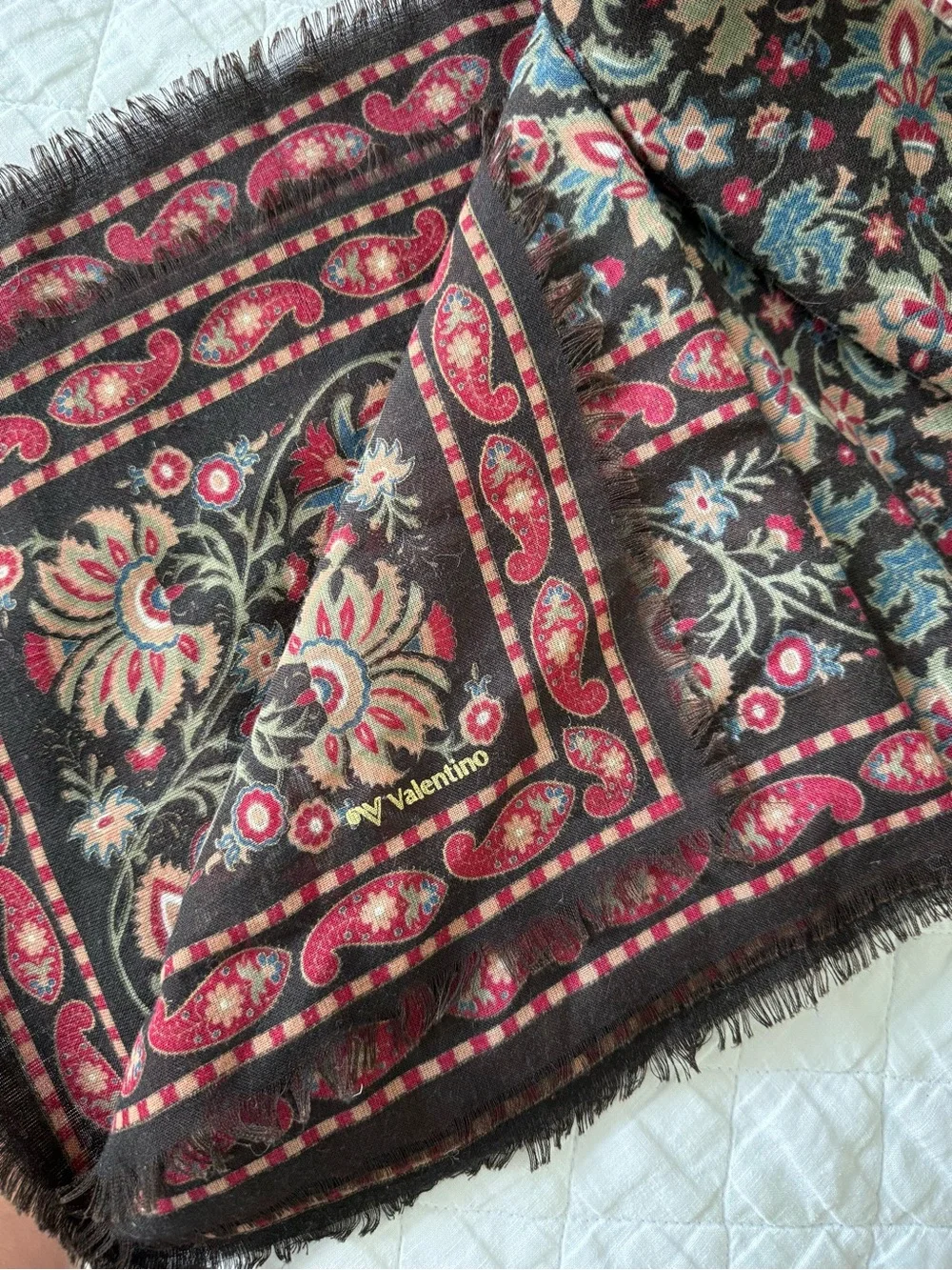 Valentino Floral Paisley Black Red Blue Fringe Scarf Wrap